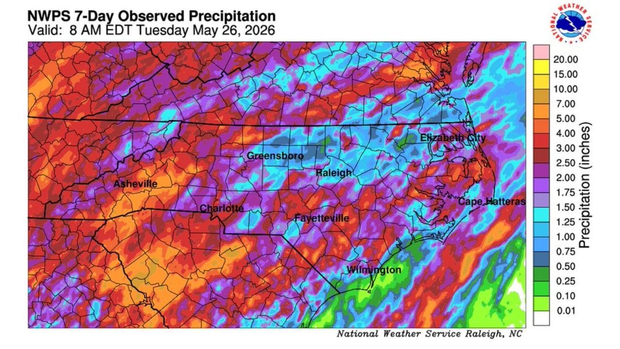Nearly 6 Inches of Rain Drenches Clinton as North Carolina Records Up to 4 Inches Statewide Since Thursday