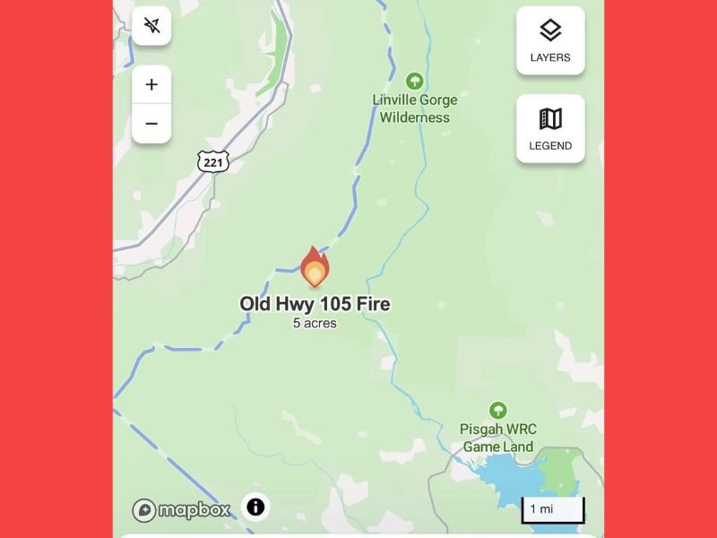 New 5 Acre Wildfire Burning Both Sides of Old NC 105 in Linville Gorge Wilderness Burke County North Carolina With Smoke Affecting Nearby Communities
