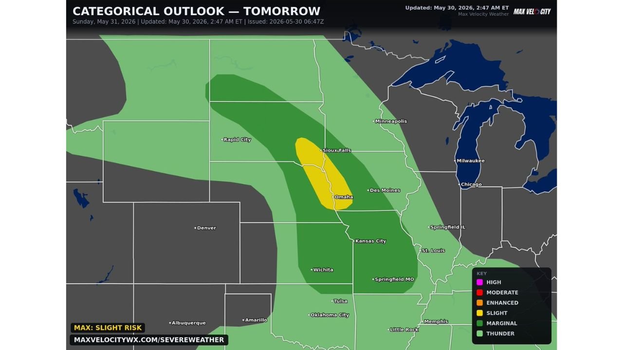 Omaha Nebraska and Sioux Falls South Dakota on High Alert for Supercells With Tornadoes and Large Hail Sunday May 31