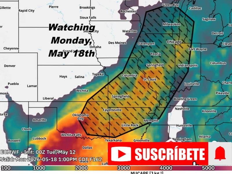 Organized Severe Storms With Damaging Winds and Large Hail Threatening Illinois Missouri Arkansas Indiana and Wisconsin Monday May 18 as Cold Front Triggers Unstable Air