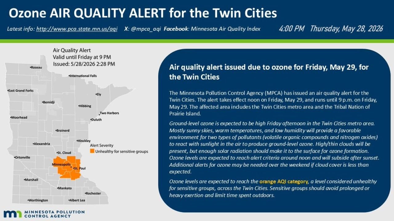 Ozone Air Quality Alert Issued for Twin Cities With Unhealthy Conditions for Sensitive Groups Friday May 29 Noon to 9 PM