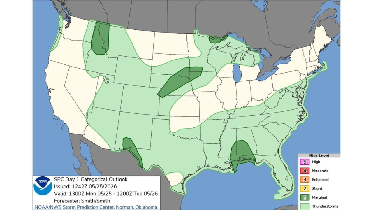 SPC Day 1 Marginal Risk Issued Across Gulf Coast, Far West Texas, Nebraska and Northern Rockies Today May 25