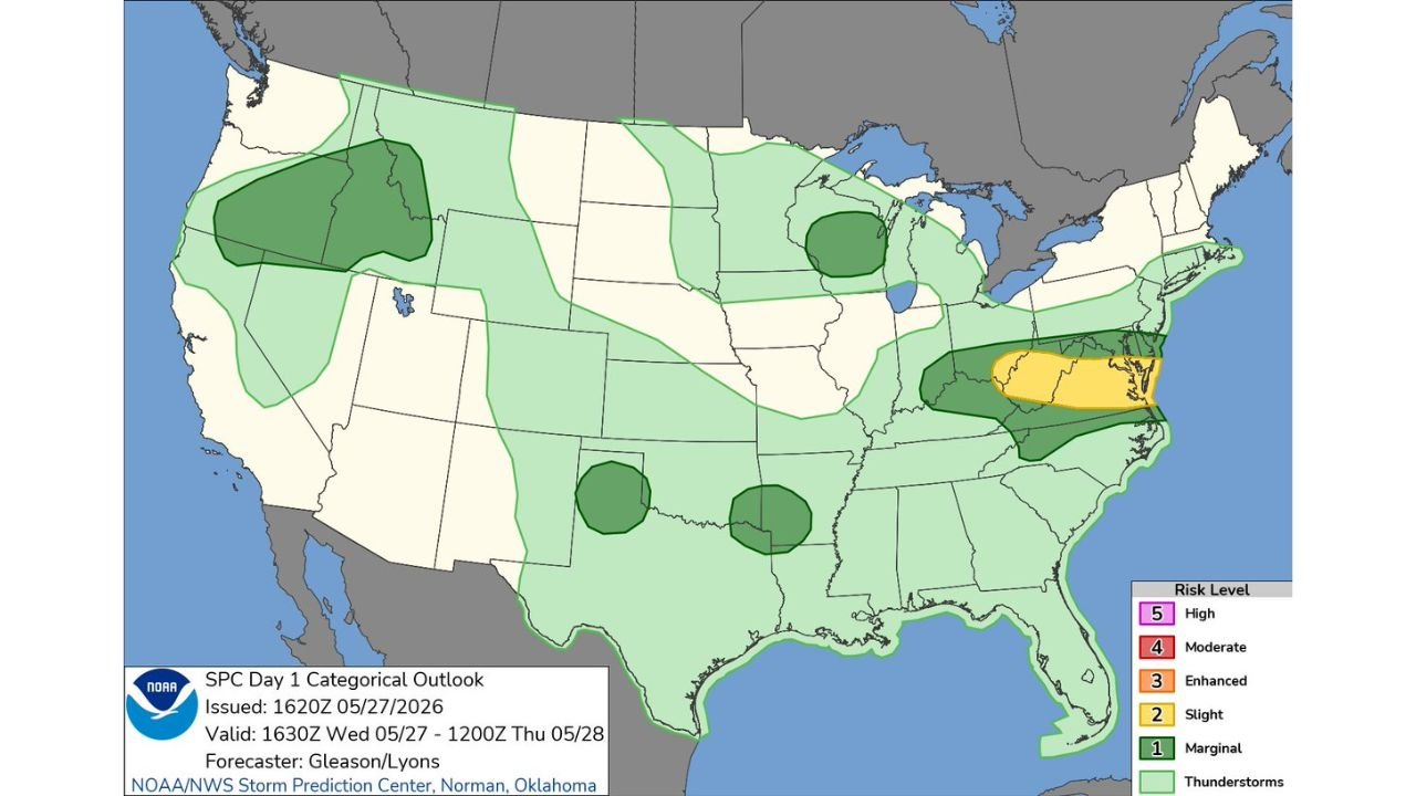 SPC Day 1 Slight Risk Issued Across Ohio Valley Into Virginia and Maryland Mid-Atlantic Corridor Today May 27