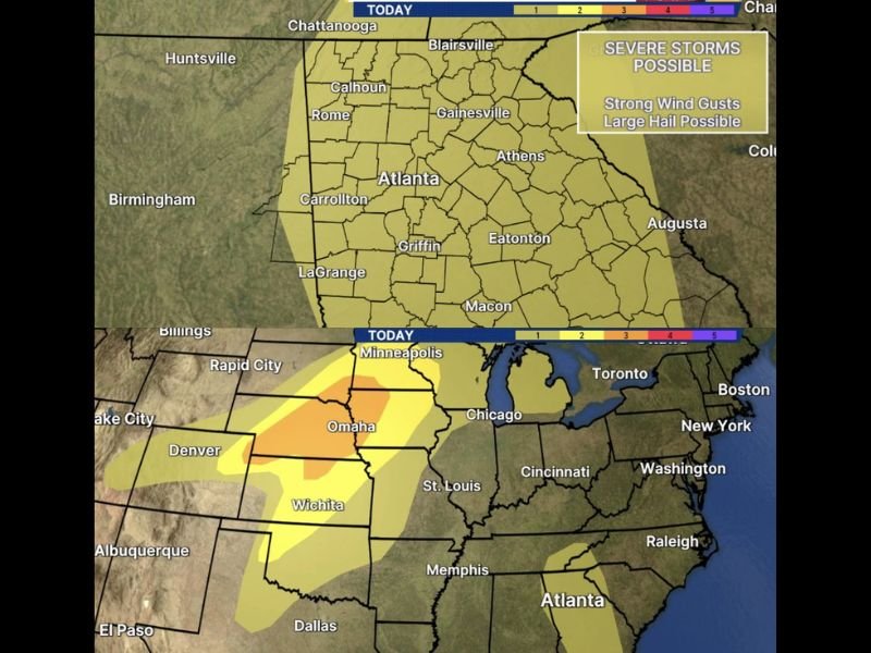 Scattered Severe Storms With 60 MPH Gusts and Quarter Size Hail Targeting Metro Atlanta and North Georgia This Sunday Afternoon Into Evening