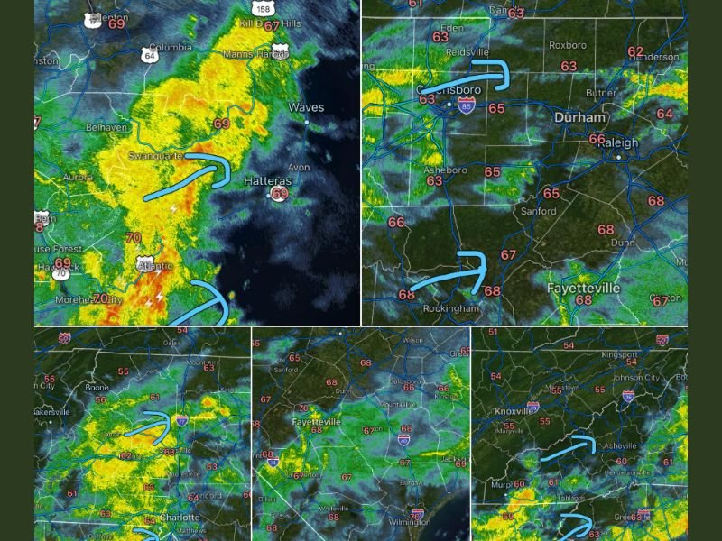 Scattered Showers Heavy Rain Bursts and Thunderstorms Sweeping Across North Carolina From Crystal Coast and Outer Banks Through Raleigh Charlotte and Fayetteville Thursday Morning