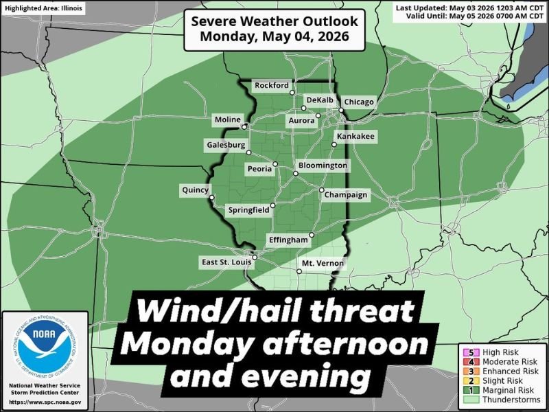 Scattered Strong Thunderstorms With Damaging Wind and Hail Threatening Northern Illinois Monday Afternoon and Evening Along Advancing Cold Front Covering Chicago Rockford and Peoria
