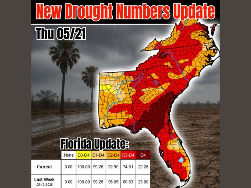 Severe Drought Gripping Entire Southeast With 100 Percent of Florida Under Drought Conditions Thursday May 21 Update as Region Needs Much More Rain