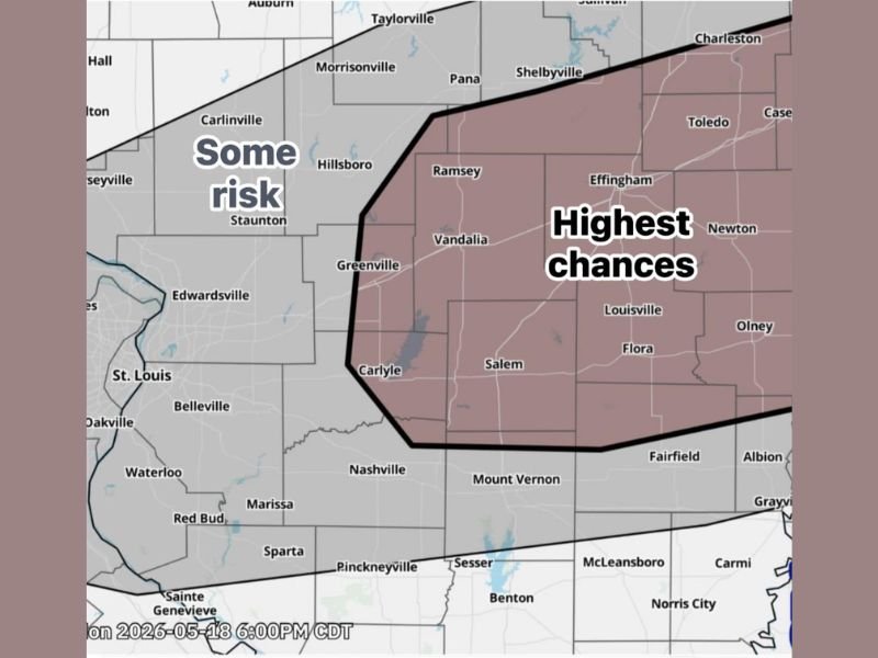 Severe Storms With Damaging Winds and Hail Hitting Central and Southeast Illinois Including Effingham Vandalia and Salem Today May 18 Through 8 PM in Two Waves