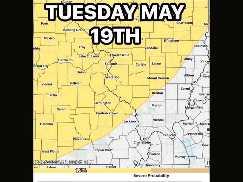 Severe Storms With Damaging Winds and Hail Targeting Southern Illinois and St. Louis Tuesday May 19 Afternoon Into Overnight With Level 2 Slight Risk at 15 Percent