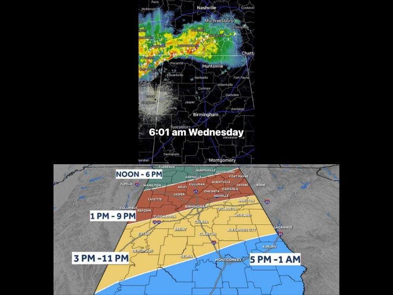 Severe Storms With Tornado Risk and Flood Watch Targeting Northern Alabama Including Huntsville Birmingham and The Shoals From Noon Through Evening Wednesday