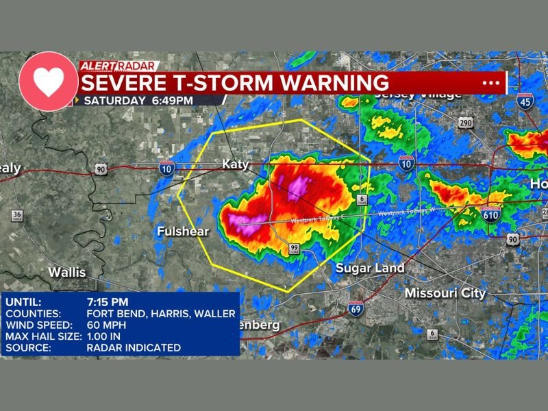 Severe Thunderstorm Warning Issued for Fort Bend Harris and Waller Counties With 60 MPH Winds and 1 Inch Hail Targeting Katy Fulshear and Sugar Land Until 7:15 PM