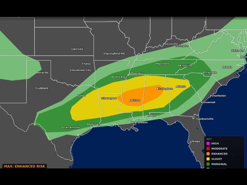 Severe Weather With Strong Tornadoes Very Large Hail and Damaging Winds Targeting Louisiana Mississippi and Alabama Today Including Jackson Shreveport and Birmingham