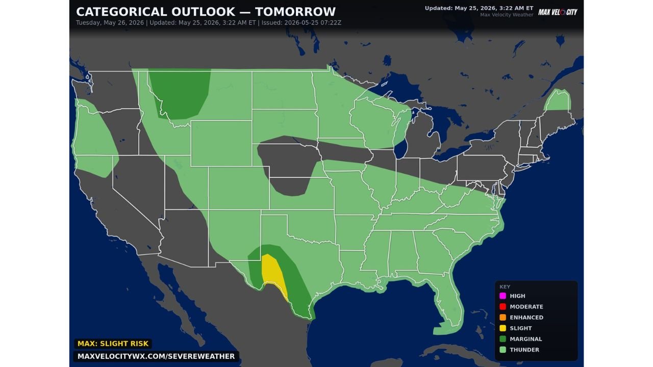 Slight Risk of Severe Weather Targets South Texas With Very Large Hail, Damaging Winds and Tornadoes Possible Tomorrow May 26