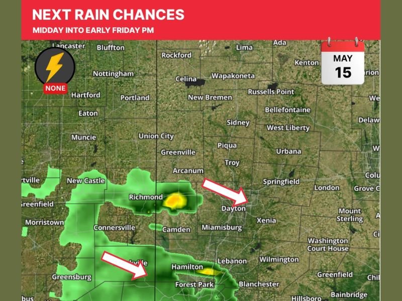 Small Isolated Shower Chance With No Thunder Threat Around Dayton and Richmond Ohio Friday May 15 Midday Into Early Afternoon With Better Rain Chances Arriving Saturday