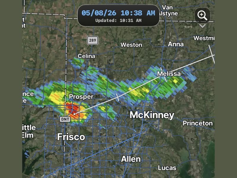Strong Storm Cell Tracking Northeast From Prosper Through McKinney to Melissa in Collin County Texas This Morning With Spotty Coverage Expected Rest of Day