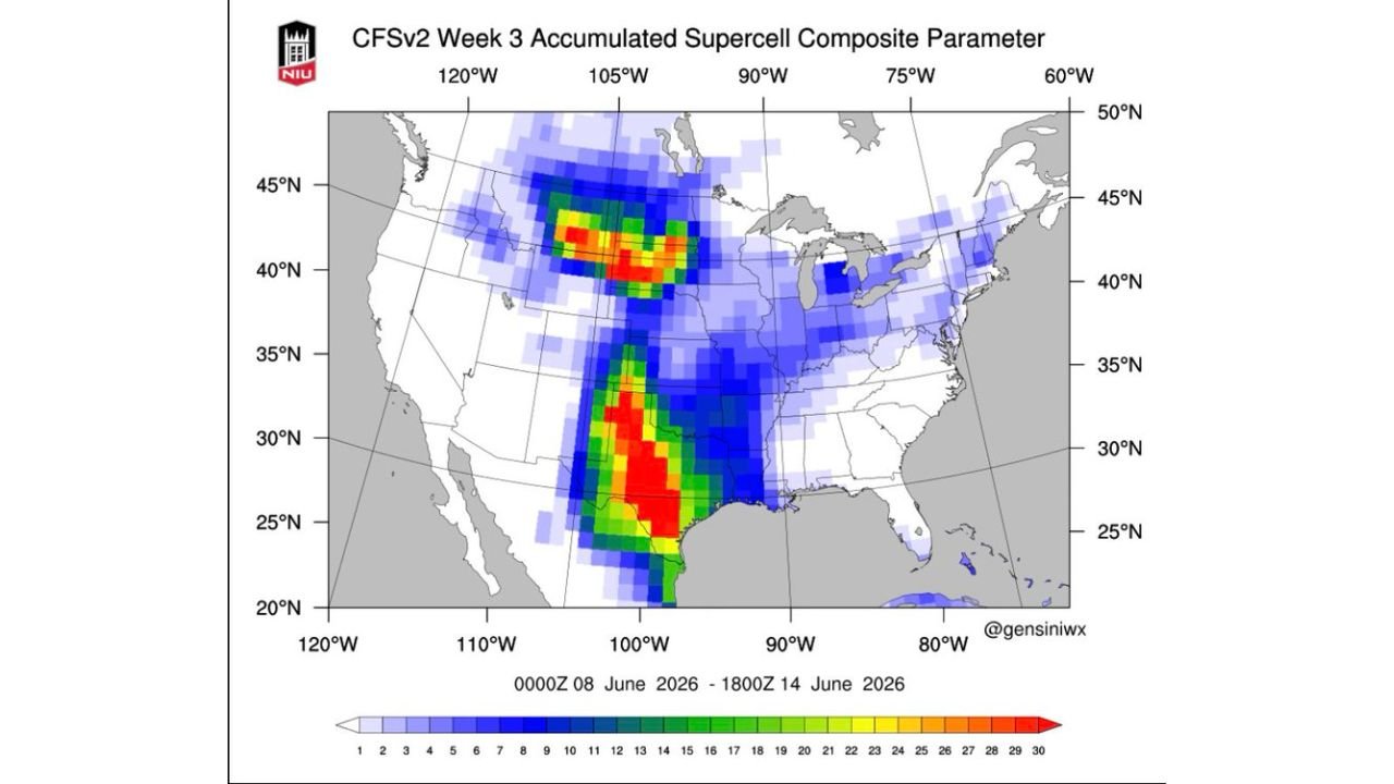 Strong Supercell Composite Signal Firing Across Texas, Oklahoma and Kansas in Week 3 Window June 8 to 14