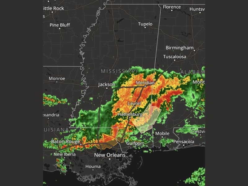 Strong to Severe Thunderstorms With Damaging Winds Hail Heavy Rain and Spin Up Tornado Risk Hammering Gulf Coast From New Orleans Hattiesburg to Mobile This Morning