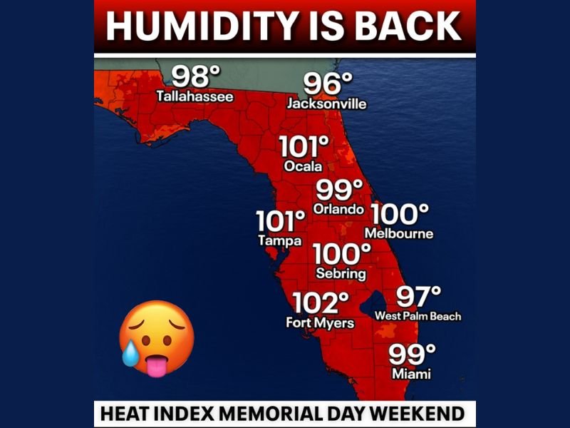 Surge of Humidity Pushing Heat Index to 100 to 102 Degrees Across Florida Including Tampa Fort Myers Orlando and Miami This Memorial Day Weekend