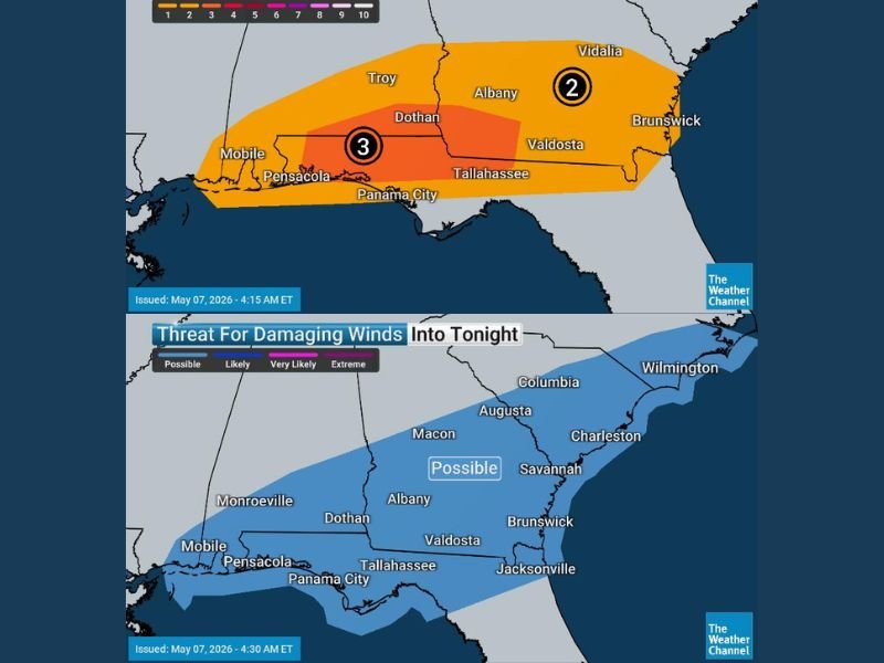 TORCON 3 Tornado Threat Straight Line Winds Flash Flooding and Power Outages Targeting Southern Alabama Southwest Georgia and Florida Panhandle Today Into Tonight May 7