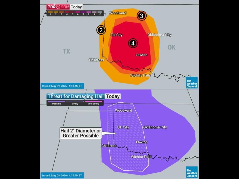 TORCON 4 Issued for Western Oklahoma Including Lawton Elk City and Oklahoma City With Tornadoes Hail Over 2 Inches and Flooding Expected From 8PM Tonight