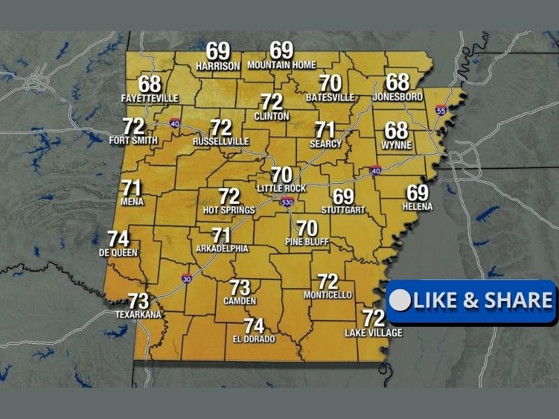 Temperatures Surging to Mid 70s With Wall to Wall Sunshine Blanketing Arkansas Thursday as Winds Stay Below 15 MPH From Texarkana to Jonesboro