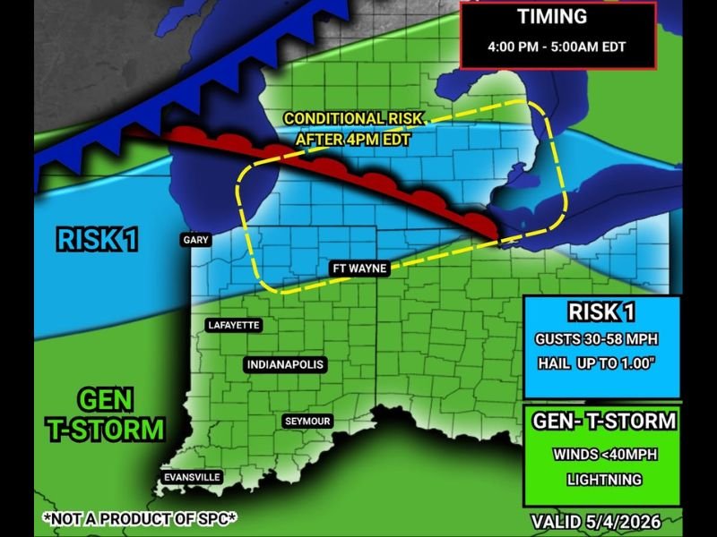 Thunderstorms With Quarter Size Hail and 60 MPH Gusts Possible Across Indiana From 4PM EDT Today Through 5AM With Brief Tornado Risk Over Northern Indiana Including Gary and Fort Wayne