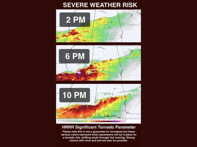 Tornado Risk Wind Hail and Localized Flooding Threatening Central Alabama Today From 2 PM Through Midnight as First Alert Weather Day Declared Wednesday
