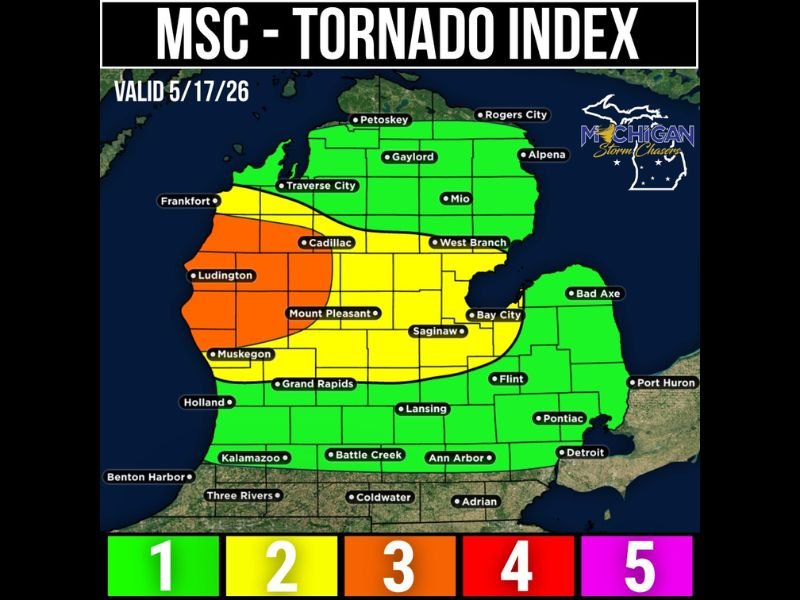 Tornado Risk With Supercells Large Hail and Damaging Winds Targeting Western Michigan Including Muskegon Frankfort Grand Rapids and Cadillac Today May 17