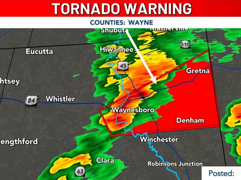 Tornado Warning Issued for Wayne County Mississippi Including Waynesboro and Gretna Friday May 22 Take Cover Now Until 9:30 AM