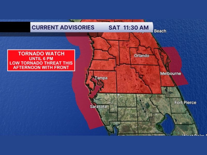 Tornado Watch Issued Across Tampa, Orlando, and Central Florida Counties &mdash; Front Moving In With Thunderstorms and Spin-Up Tornado Risk Until 6 PM Today