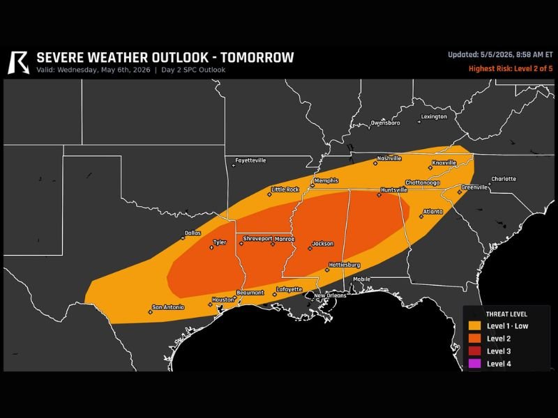 Tornadoes Large Hail and Damaging Wind Gusts Threatening Mississippi Texas and Alabama Under Level 2 Severe Weather Risk on Wednesday May 6 Covering Houston Jackson and Memphis