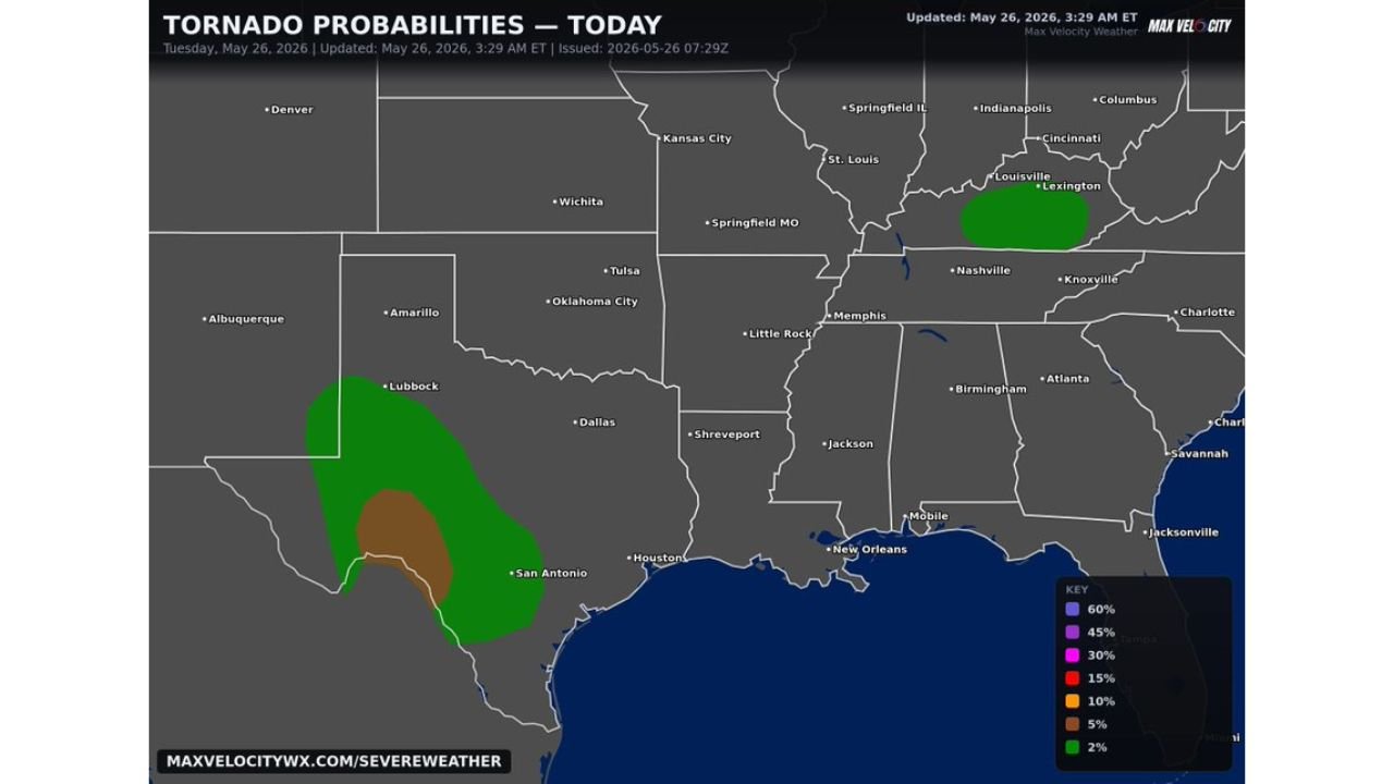 Tornadoes Possible Across West Texas, New Mexico and Louisville Kentucky With Active Probability Zones Today May 26