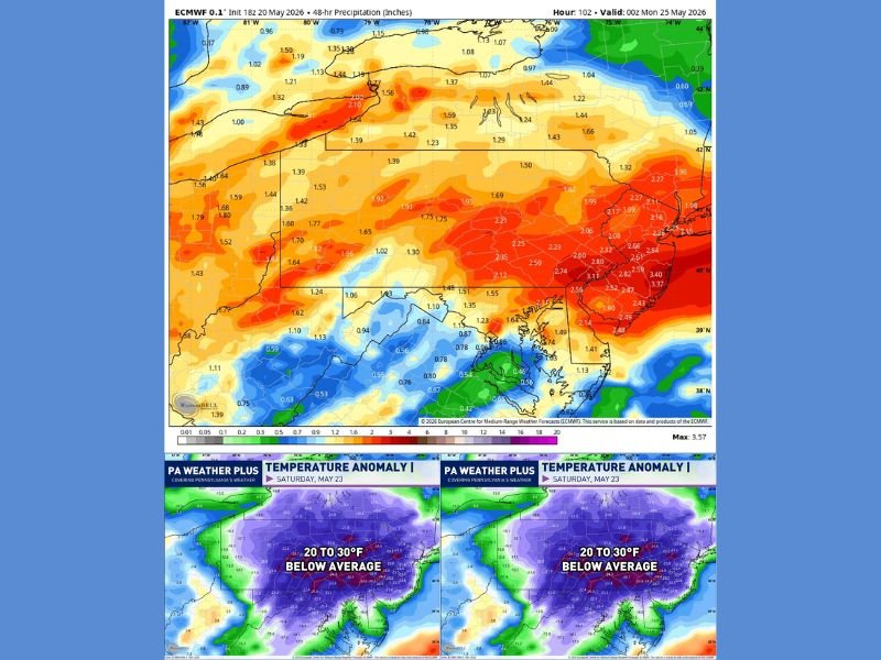 Total Weekend Washout Dropping Temps 20 to 30 Degrees Below Average Into the 40s and 50s Across Pennsylvania This Saturday May 23