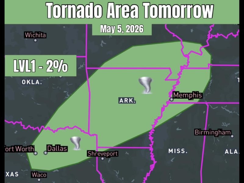Very Large Hail Damaging Winds and Brief Tornadoes Threatening Northeast Texas Arkansas Memphis and Surrounding Areas on May 5 With More Organized Storm Coverage Expected