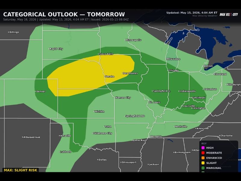 Very Large Hail Damaging Winds and Tornadoes Stretching From Colorado to Ohio Including Denver Omaha Des Moines and Cleveland Tomorrow Saturday May 16