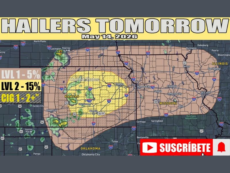 Very Large Hail Over 2 Inches Threatening Central Kansas Including Wichita and Salina Tomorrow May 14 as Dryline Triggers Supercell Thunderstorms With Level 2 15 Percent Hail Risk