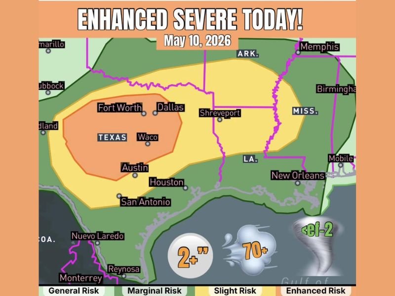 Very Large Hail Over 2 Inches and 70 MPH Winds Threatening North and Central Texas Including Dallas Fort Worth Waco and Houston Under Enhanced Risk Today May 10