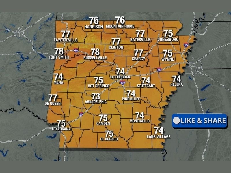 Warm and Comfortable Monday Brings Mid to Upper 70s Across Arkansas With Dry Airmass and Scattered Rain Only in Southernmost Counties