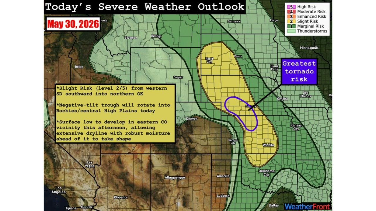 Western South Dakota Through Kansas and Northern Oklahoma Facing Slight Risk Severe Weather With Greatest Tornado Threat Near Kearney Today