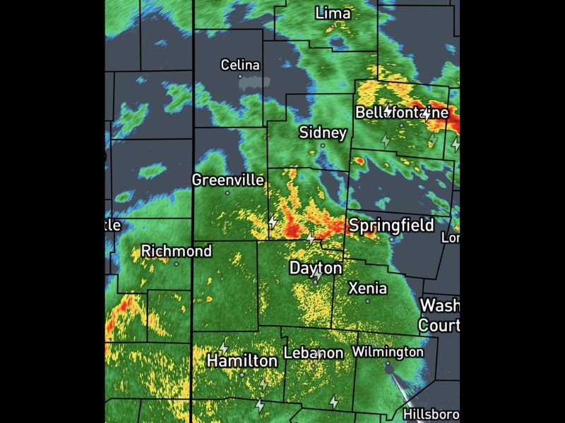 Widespread Showers and Storms With Lightning and Heavy Downpours Soaking Ohio Including Dayton Bellefontaine Springfield and Hamilton This Morning May 16