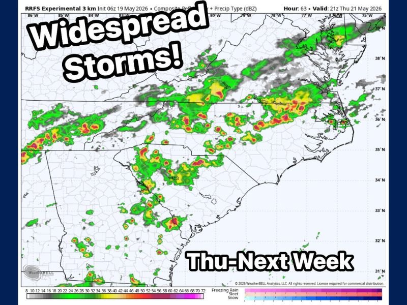 Widespread Strong Storms Returning Across Southeast Mid-Atlantic Carolinas and Virginia Thursday May 21 and Continuing Through Next Week