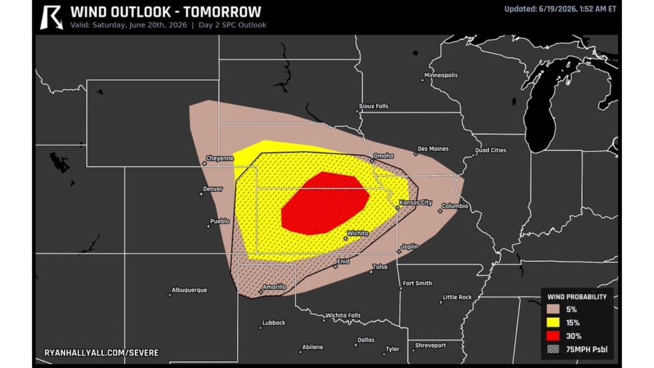 75 MPH Damaging Wind Threat Targets Kansas, Nebraska and Colorado Saturday With Tornado Risk in Hatched Zone