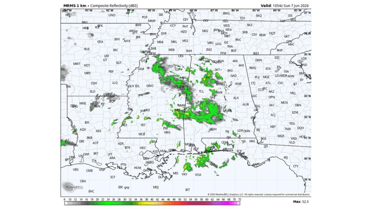 Alabama Including Birmingham, Montgomery, and Northern Half of State Seeing Warm Humid Sunday with Light Rain and Scattered Storms as Heat Builds Toward 90 Degrees by Thursday