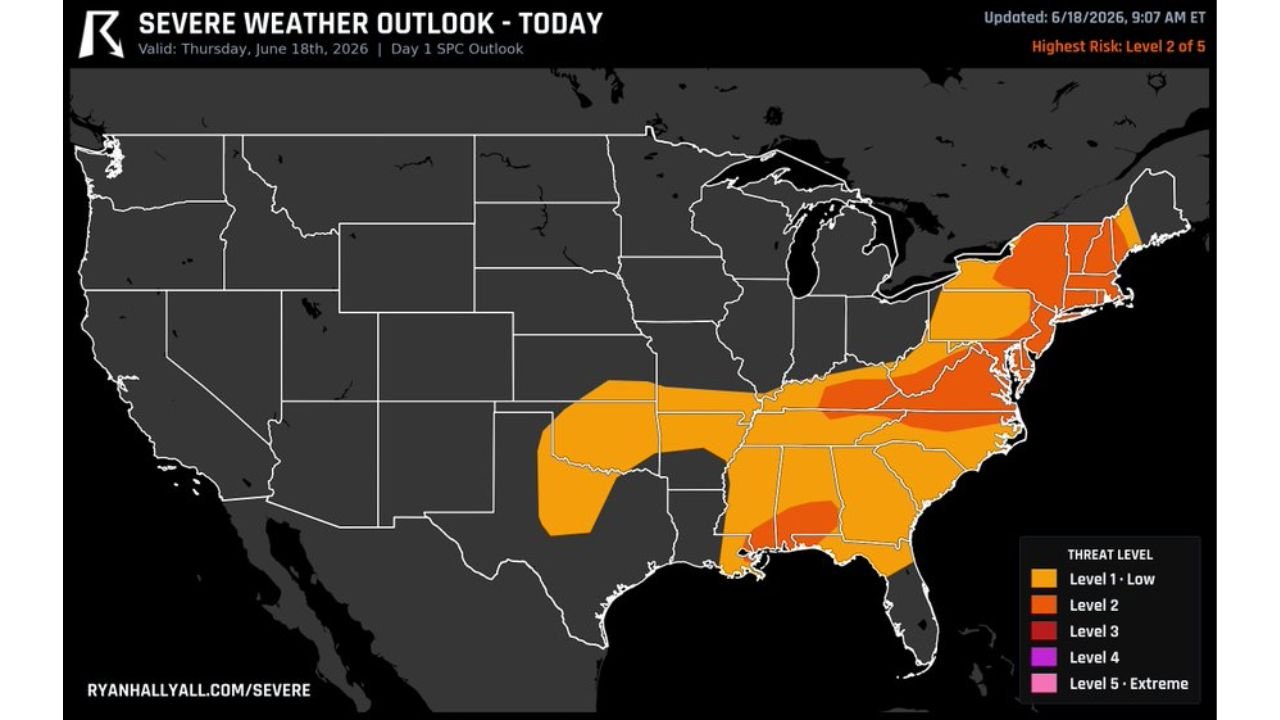 Alabama Virginia and New York Face Three Separate Severe Weather Stories Thursday as SPC Issues Level 2 Risk From Alabama Through New York