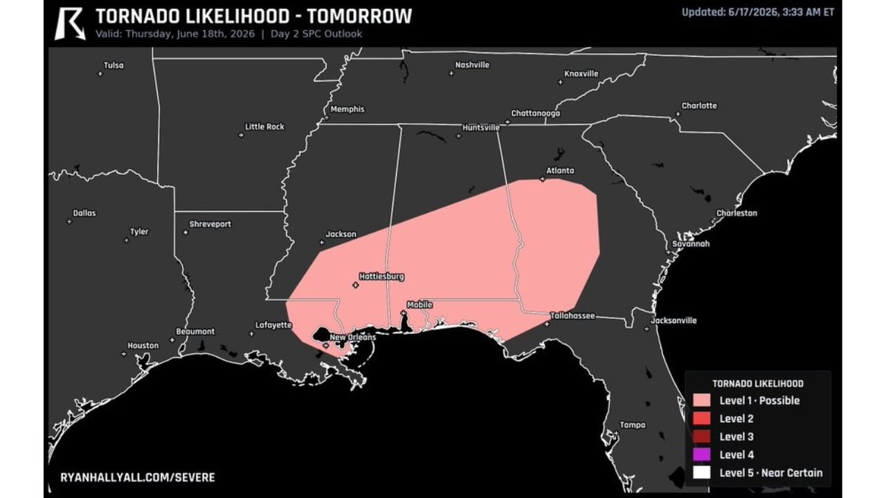 Atlanta Georgia New Orleans Louisiana and Mobile Alabama Face Level 1 Tornado Risk Thursday as Tropical System Remnants Slide Across the Gulf Coast
