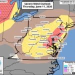 Baltimore, Maryland and Philadelphia, Pennsylvania Face 30 to 44 Percent Severe Wind Probability Thursday Evening With Damaging Gusts Heavy Rain and Lightning Possible