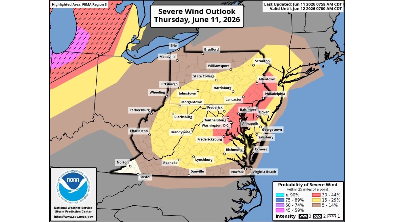 Baltimore, Maryland and Philadelphia, Pennsylvania Face 30 to 44 Percent Severe Wind Probability Thursday Evening With Damaging Gusts Heavy Rain and Lightning Possible