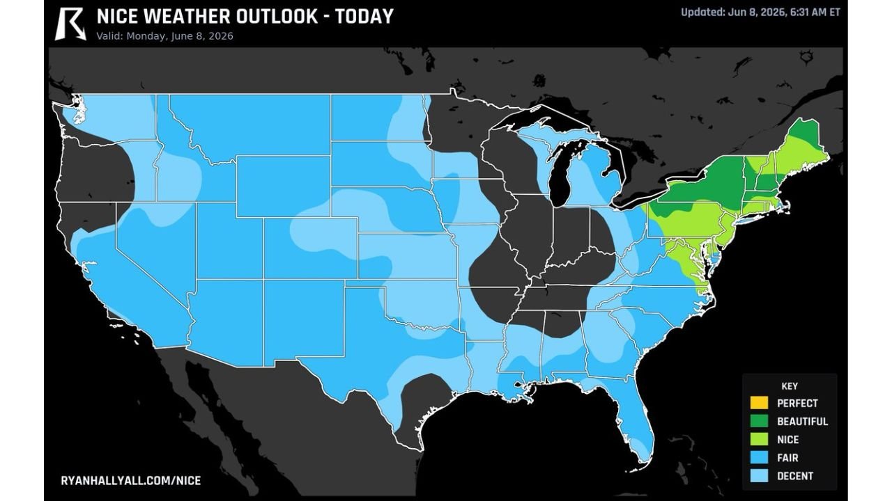 Buffalo, New York and Presque Isle, Maine Leading the Nation with Beautiful Weather as Most of the US Enjoys Fair to Nice Conditions Monday June 8