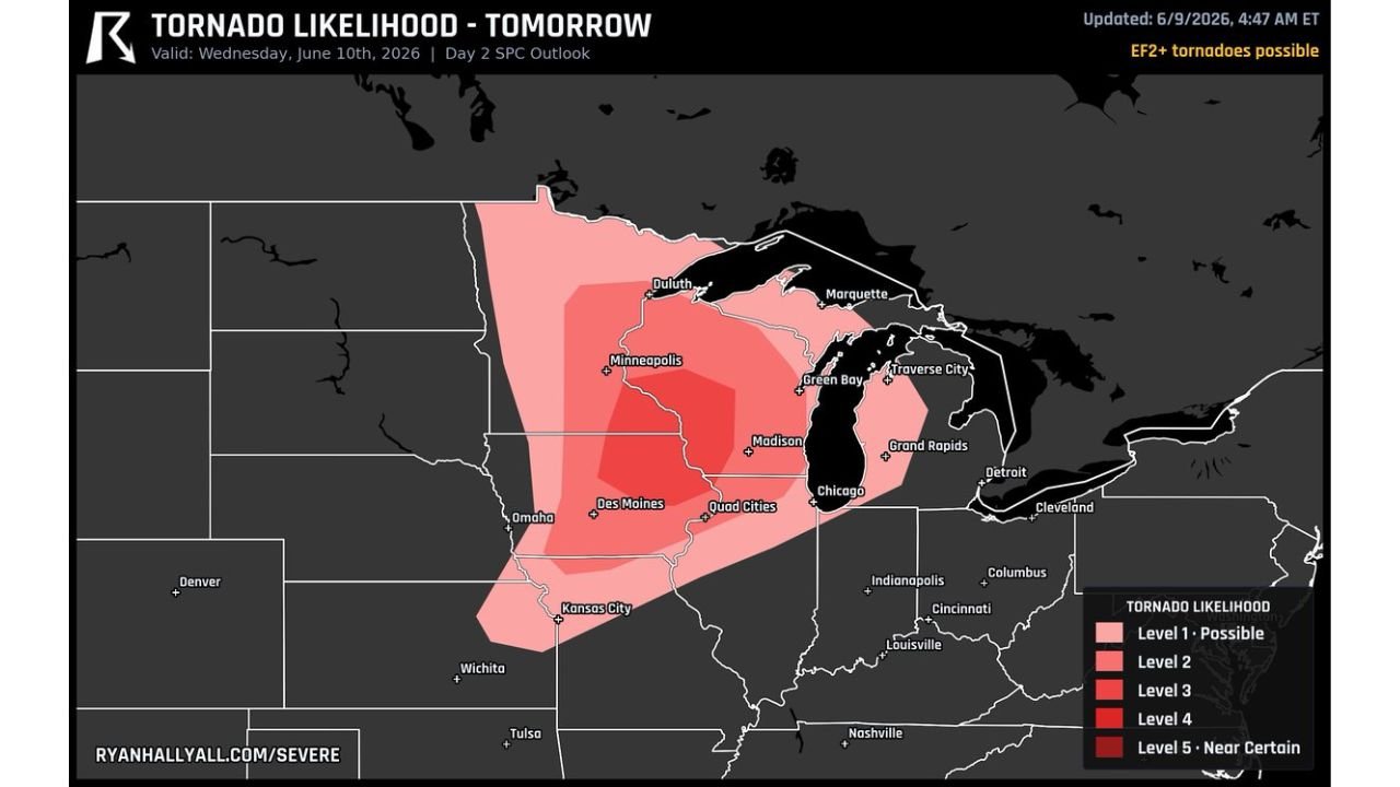 Cedar Rapids Charles City and Decorah Iowa Face EF2 Tornado Risk Wednesday With 75 MPH Winds and Large Hail Possible