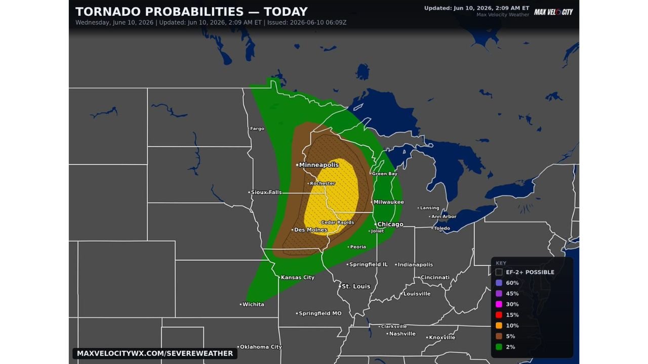 Cedar Rapids, Iowa and Rochester, Minnesota See Best Tornado Chance Today as EF-2 Tornadoes Possible From Northern Missouri to Northern Wisconsin